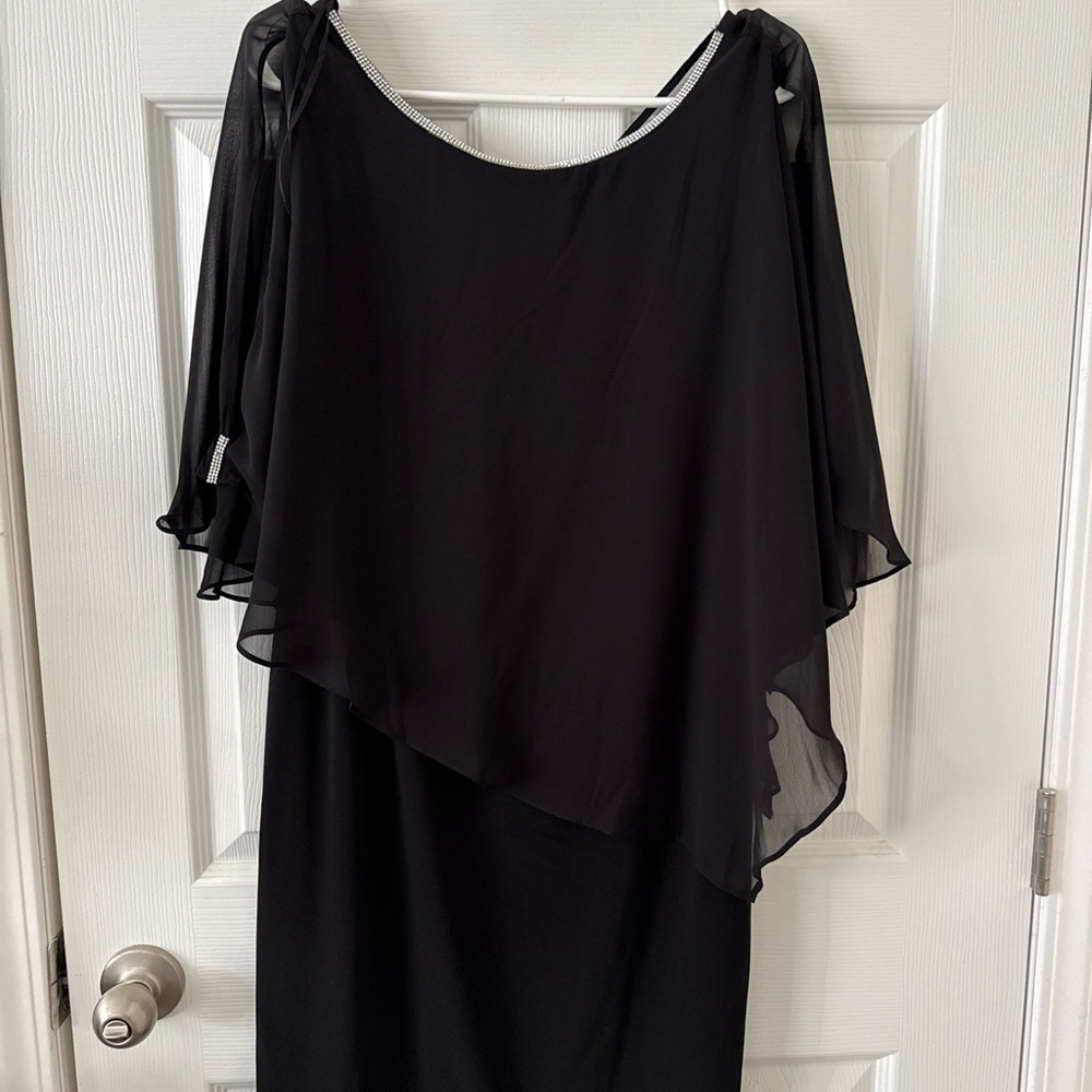 MSK Black Chiffon Overlay Dress L Rhinestone Trim Evening Cocktail